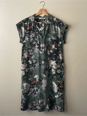 Go by go silk olive green Floral cuffed sleeve belted shirt dress